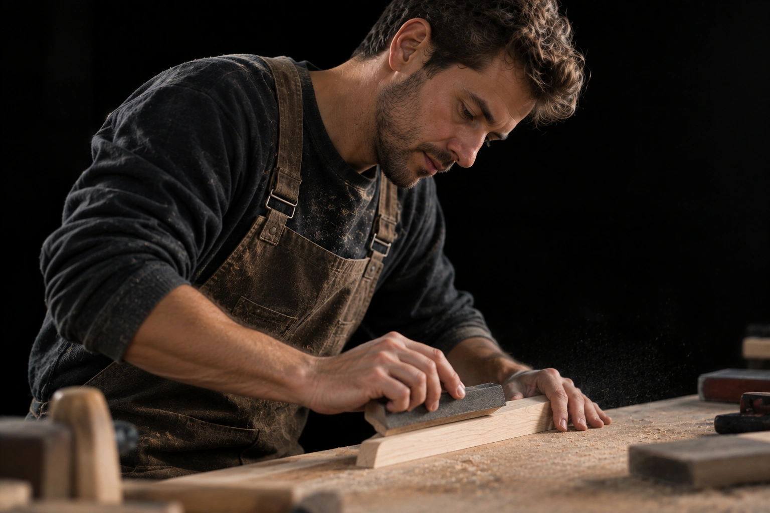 Man sanding a piece of wood at a workbench.