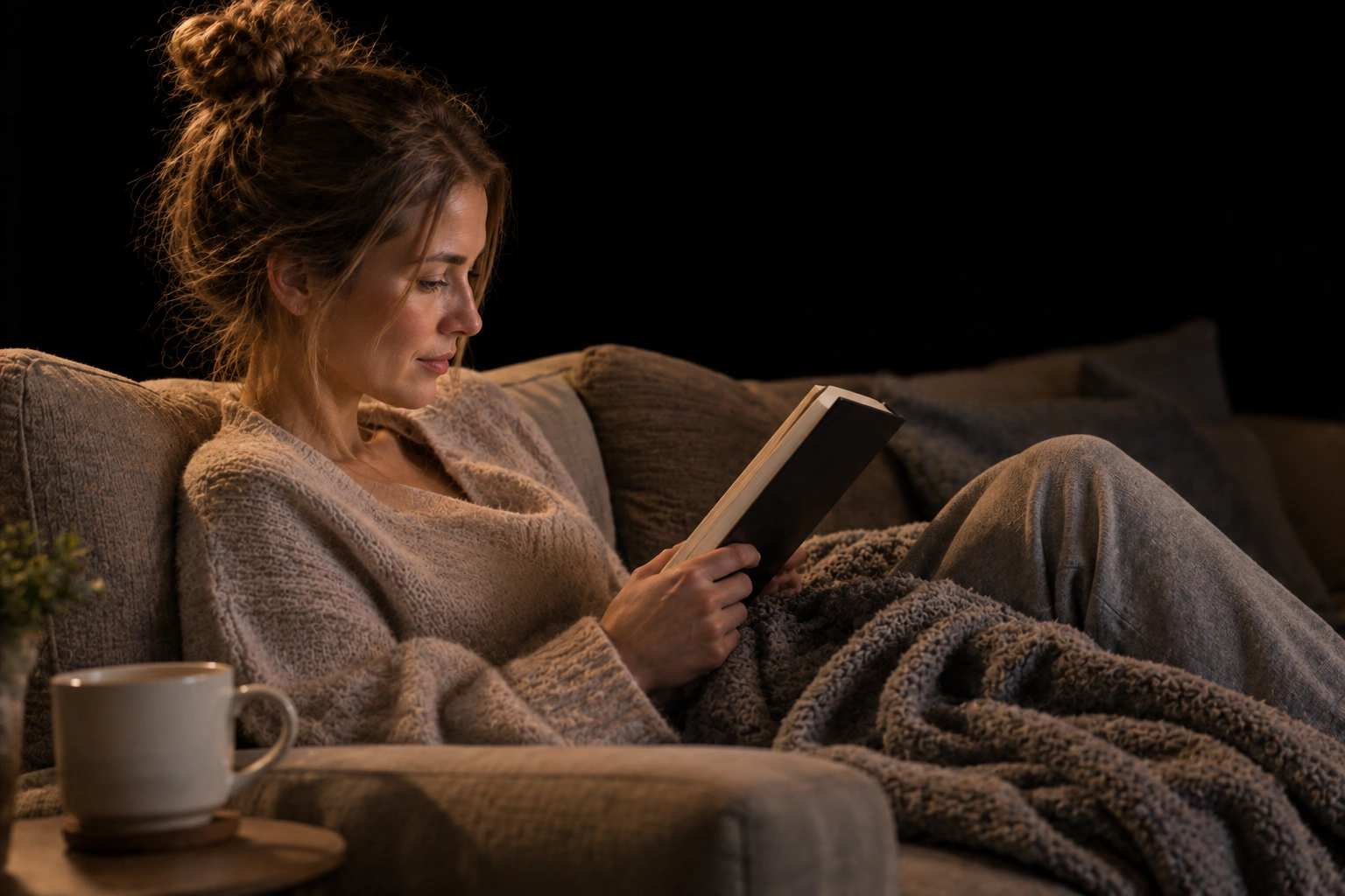 Woman reading a book on the sofa.