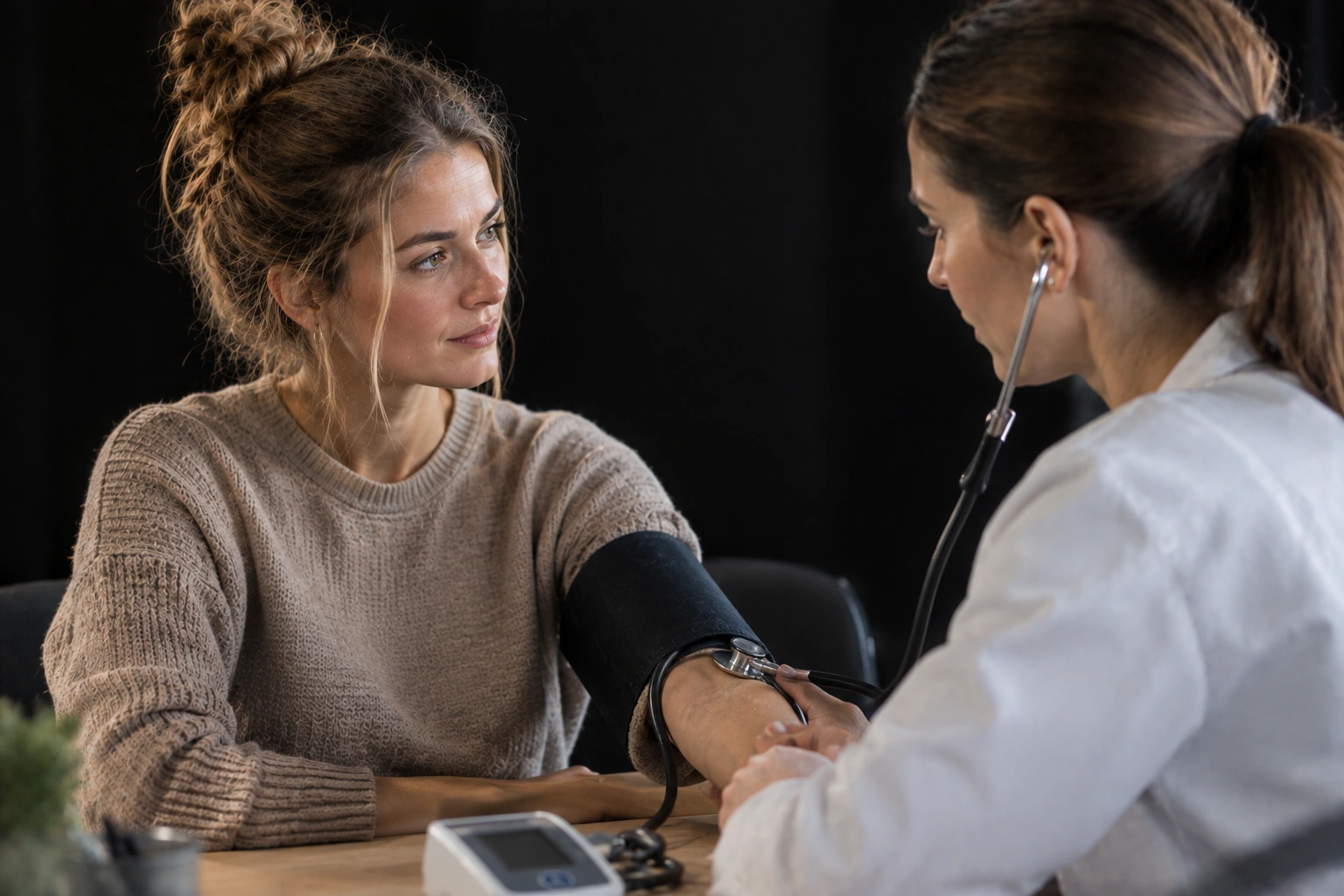 Doctor measuring a woman’s blood pressure on her upper arm.