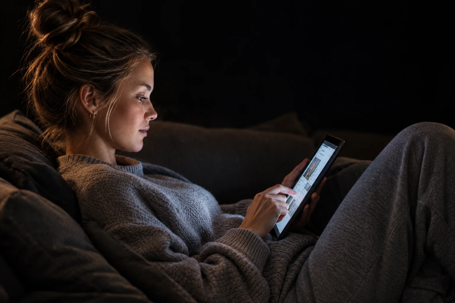 Woman with a tablet on the sofa.