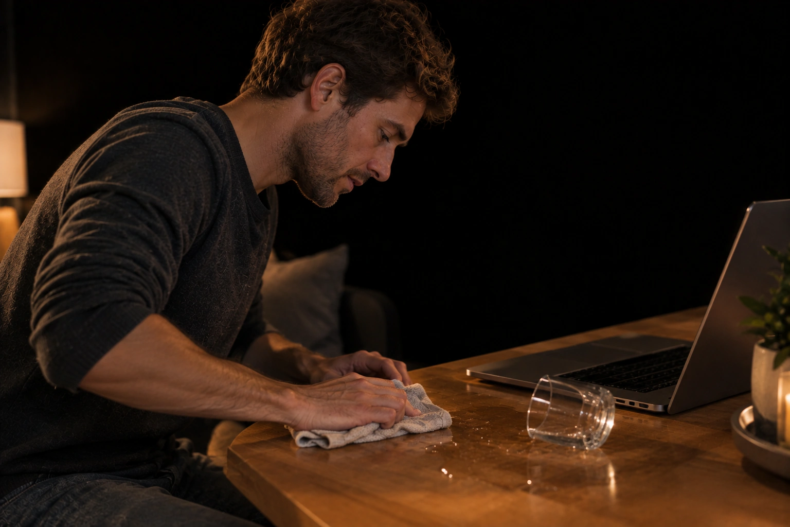 Man wiping up water next to a laptop.