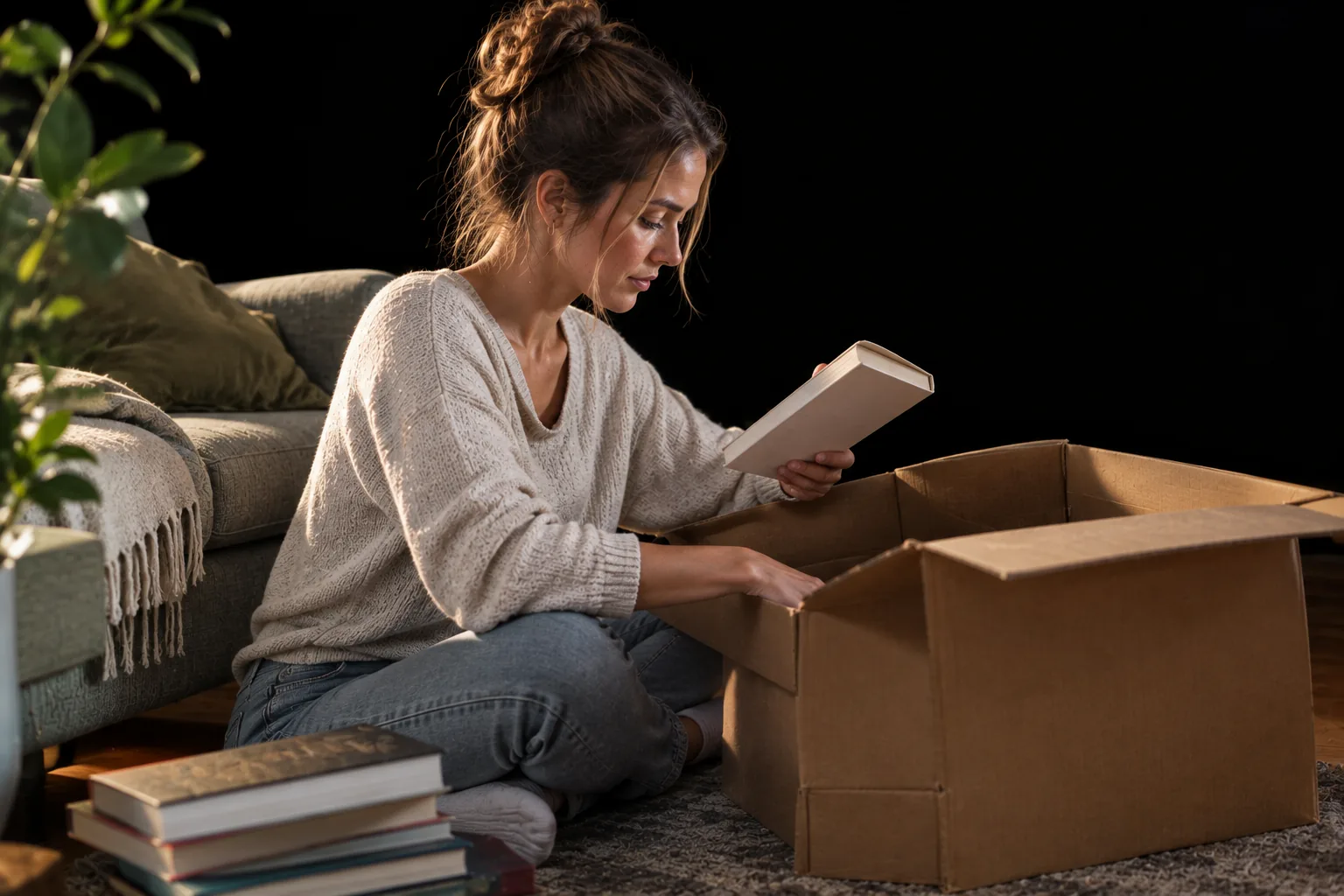 Woman unpacking books from a moving box.