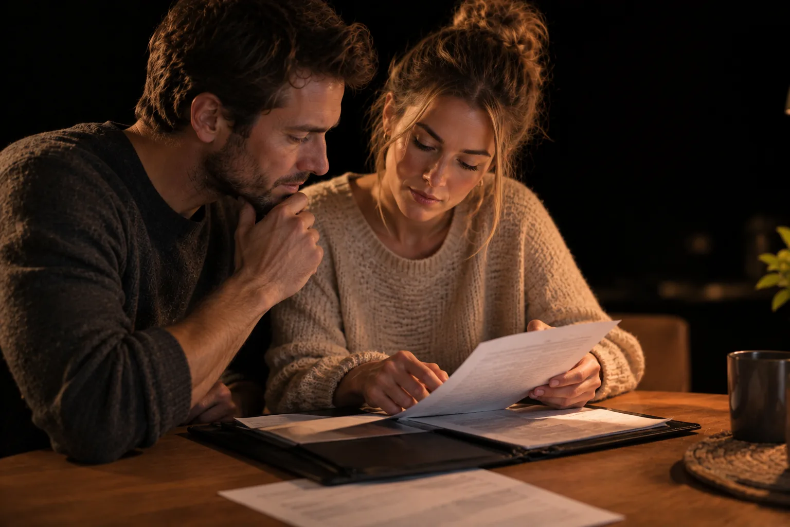 Couple going through documents together.