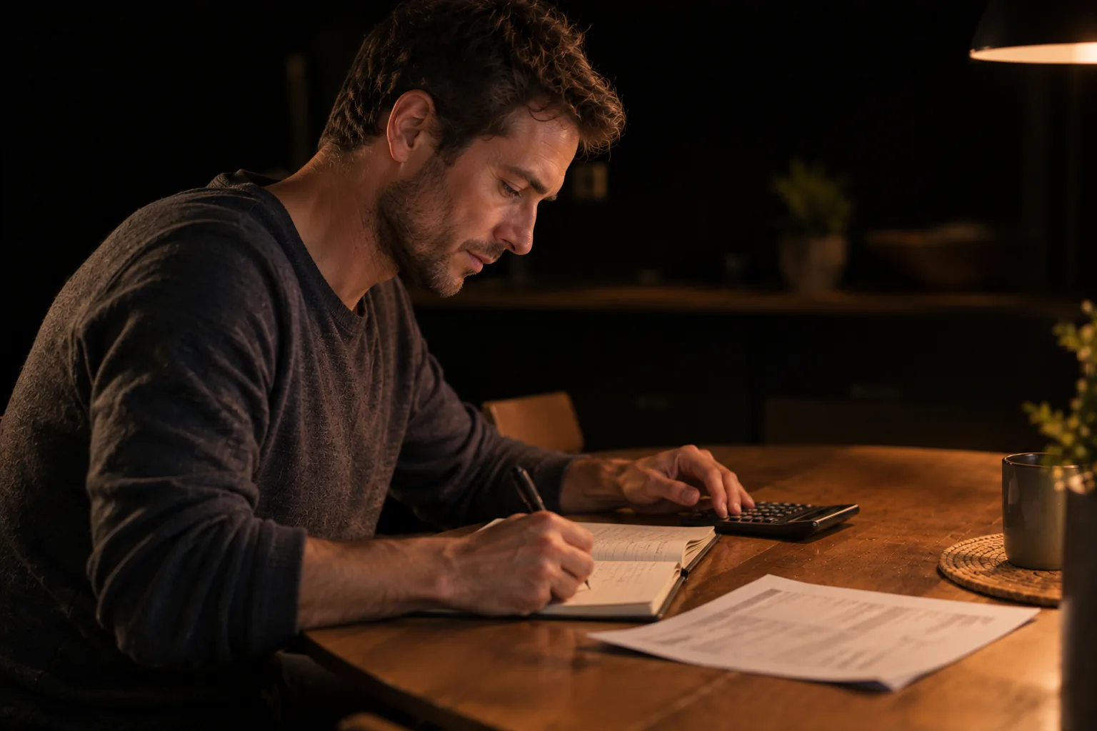 Man with a notebook and calculator at a table.
