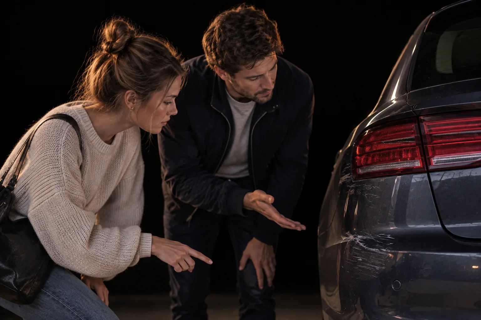 Zwei Personen betrachten einen Schaden am Auto.