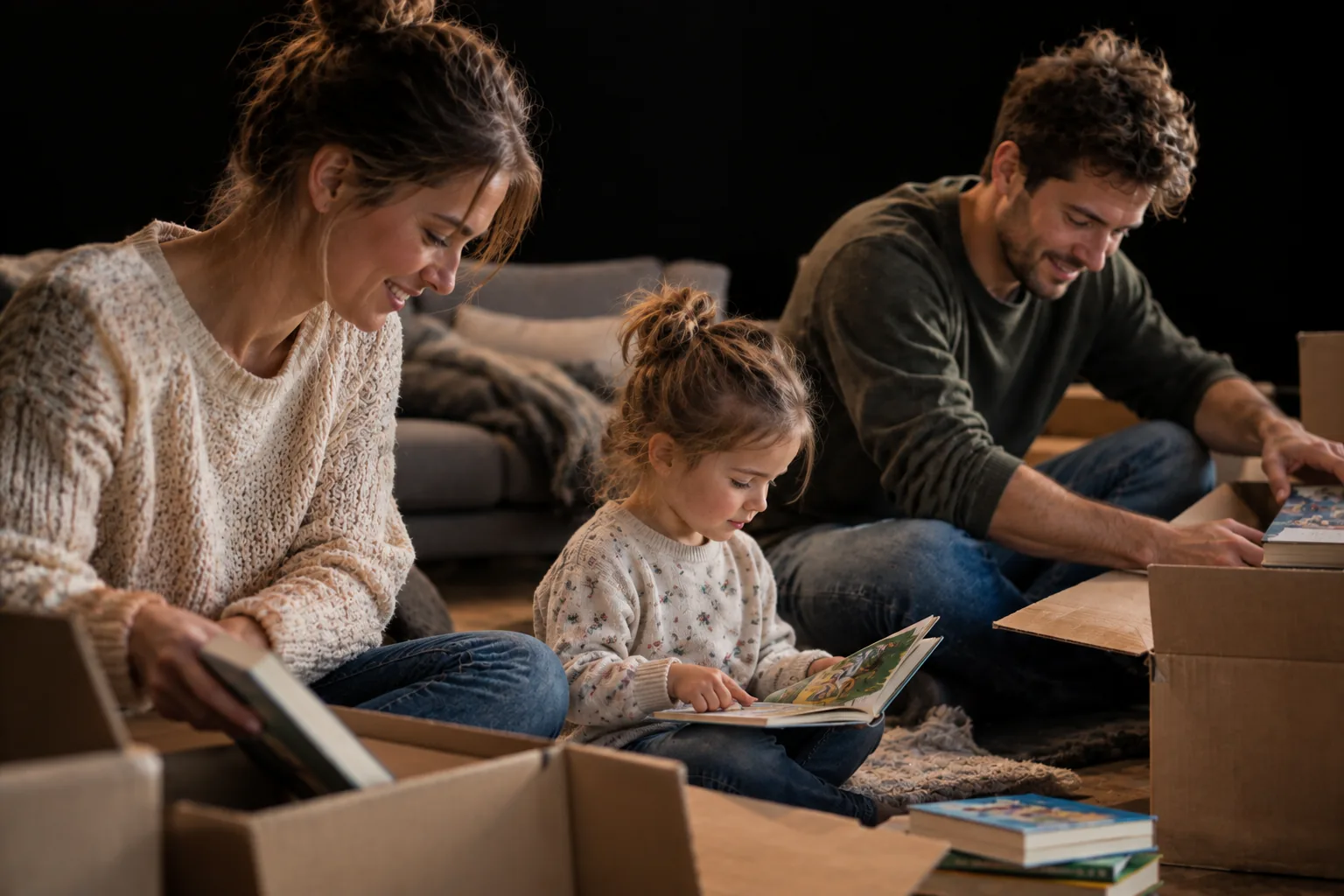 Familie packt Bücher zwischen Umzugskartons aus.