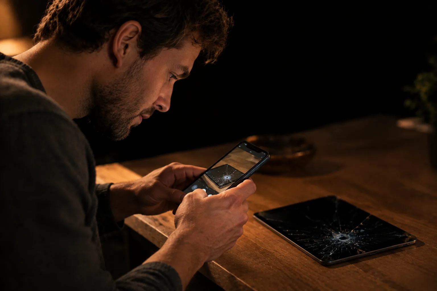 Mann fotografiert ein beschädigtes Tablet mit dem Smartphone.