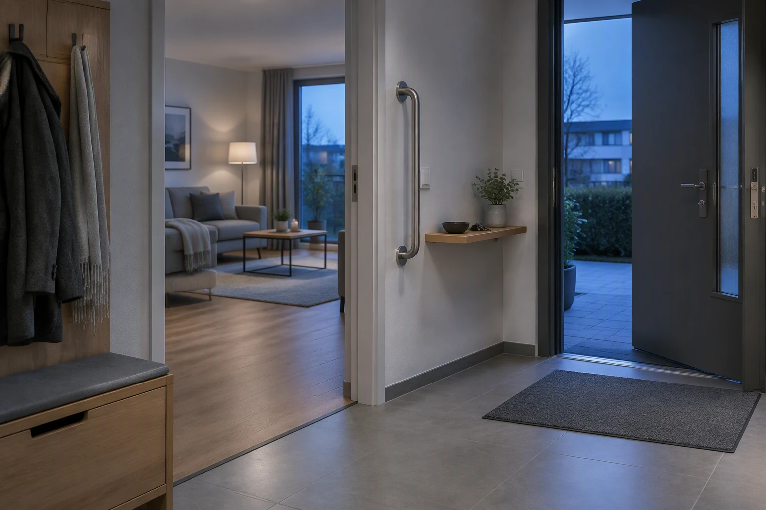 Ein schwellenarmer Wohnungszugang mit Haltegriff und einer gut erreichbaren Ablage.