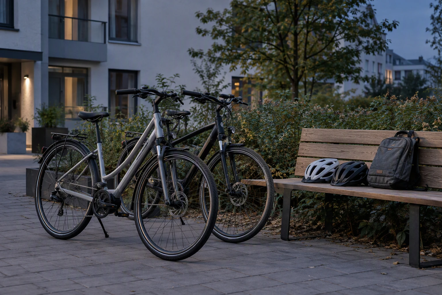 Zwei Fahrräder stehen für eine Freizeittour bereit; Helme und Rucksack liegen auf einer Bank.