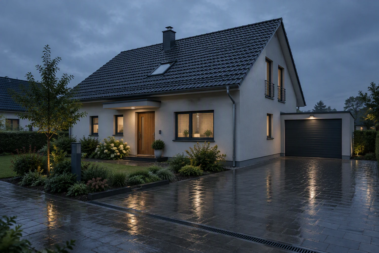 Wohnhaus bei Regen mit sichtbarer Entwaesserung an der Einfahrt.